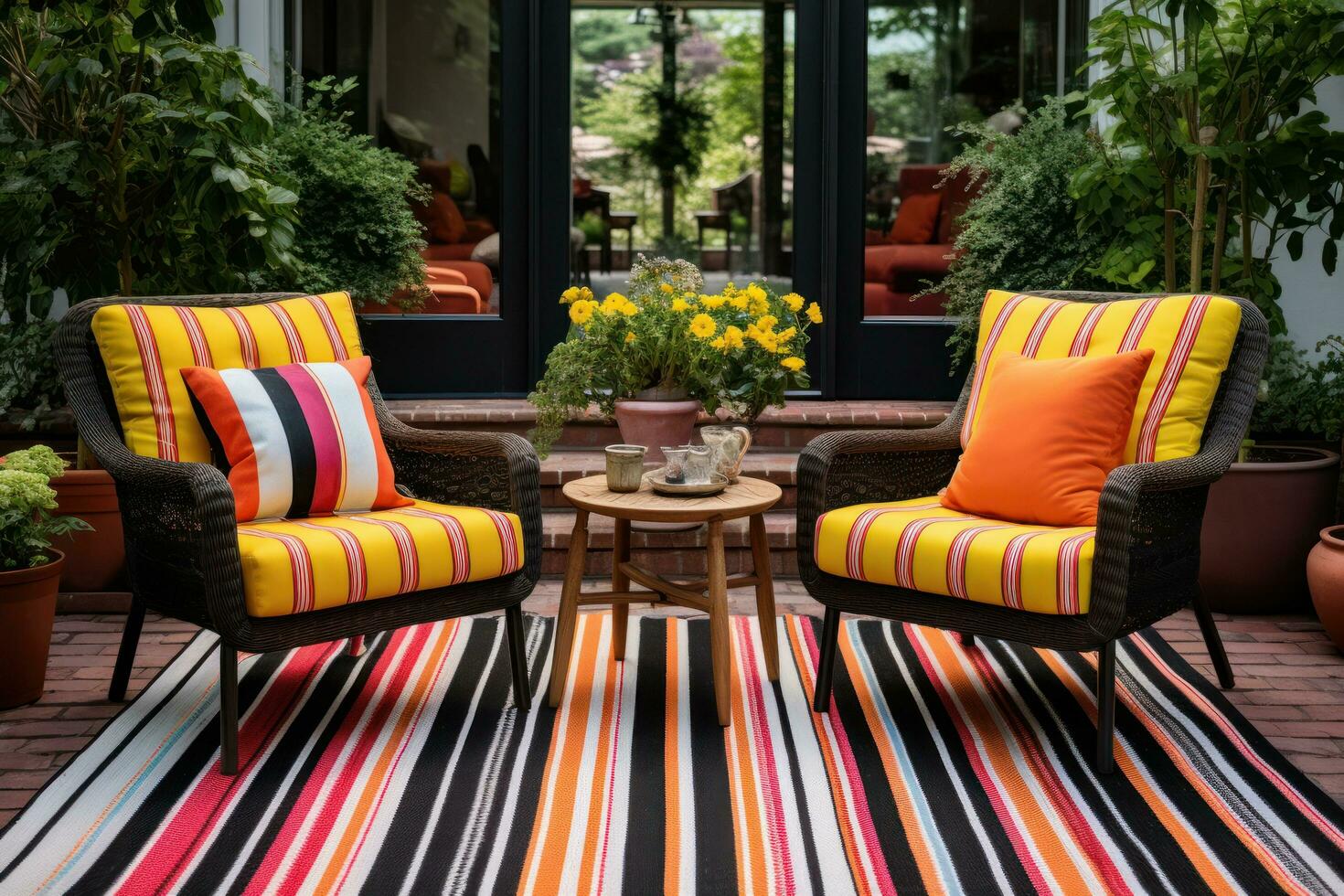 AI generated a patio with outdoor wicker chairs and colorful rug photo