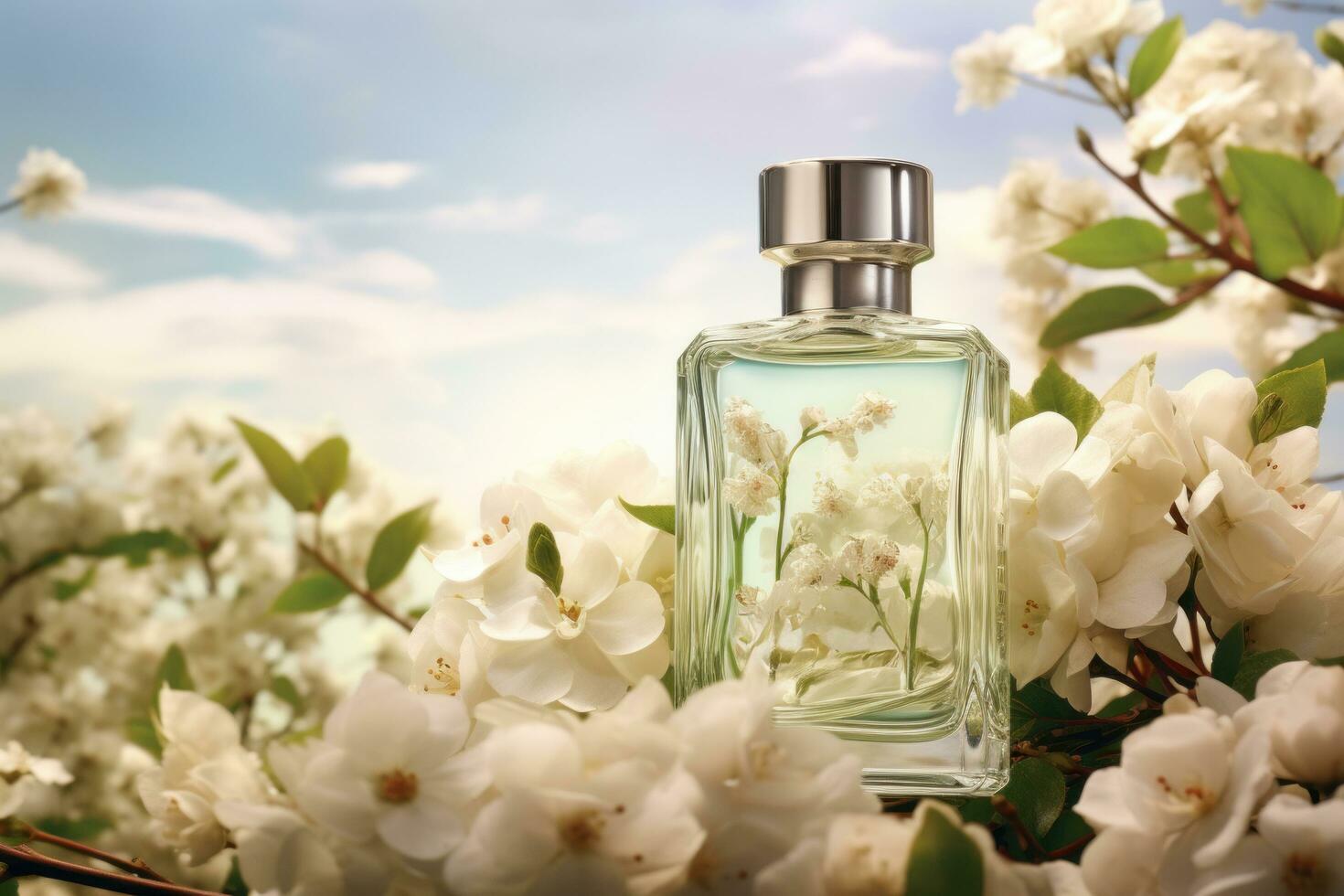 AI generated an unbranded eau de jasmine bottle with white flowers in the background photo