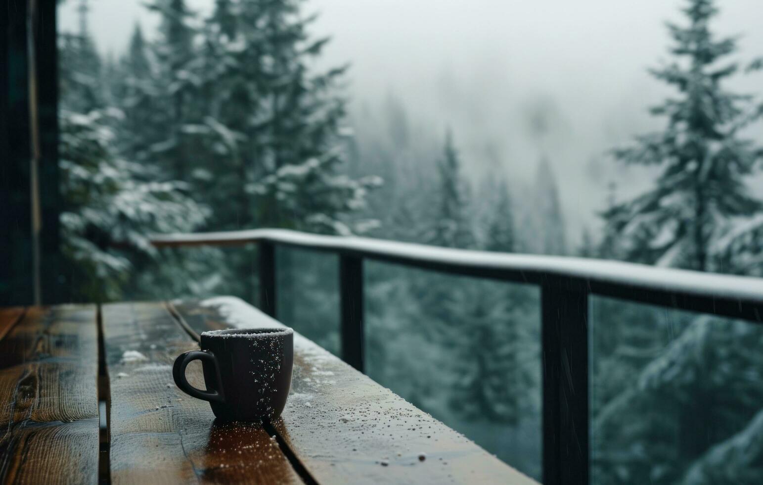 AI generated a table is lined with a coffee cup set on a balcony overlooking a forest photo