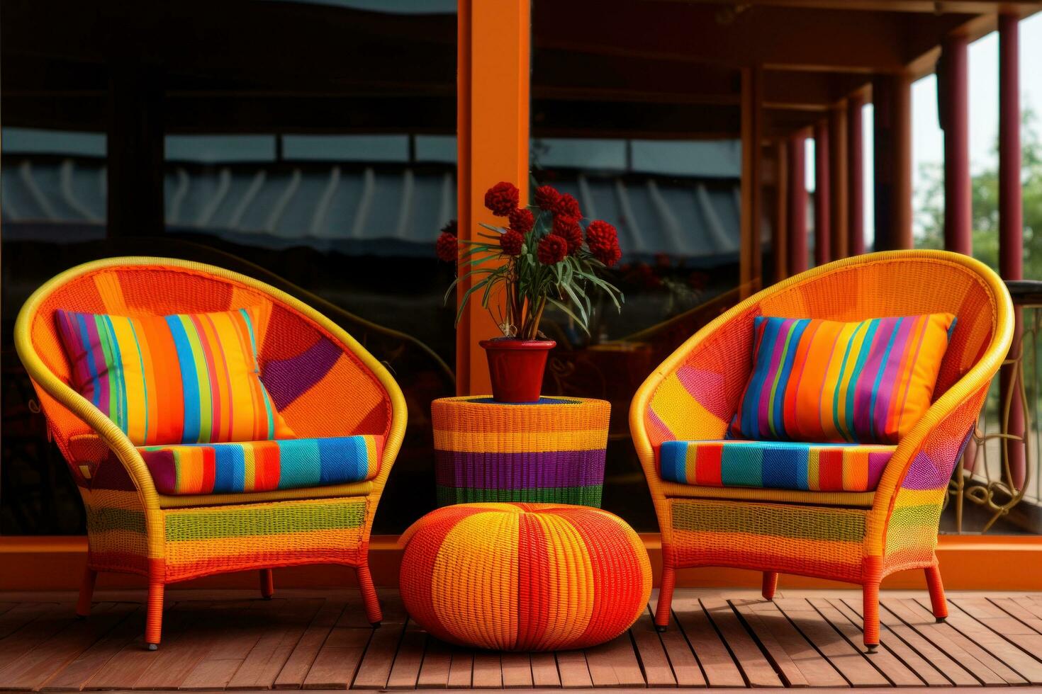 AI generated beautiful chair set on balcony in bright shades of color photo