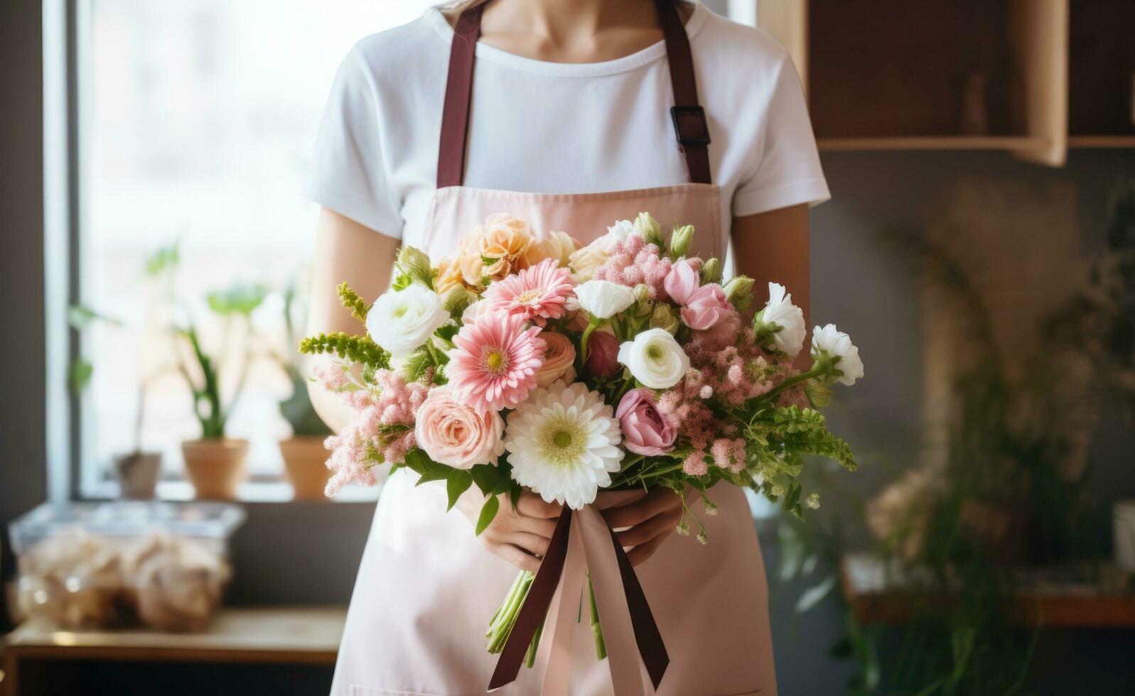 AI generated a florist in an apron with several bouquets and flowers photo