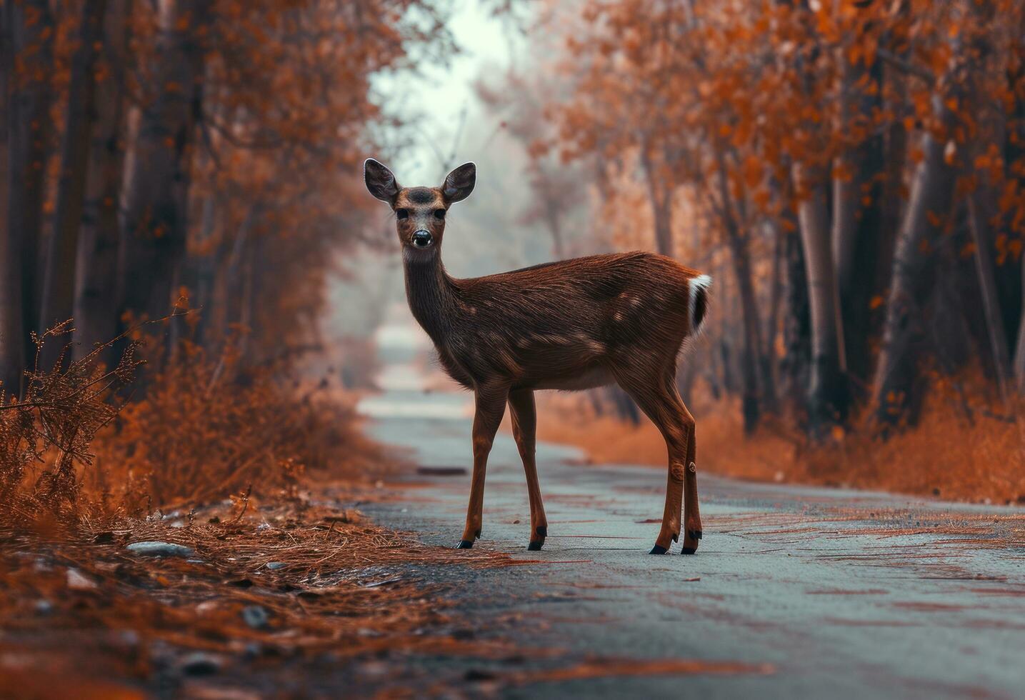 ai generado un hermosa ciervo soportes en el la carretera en el bosque foto