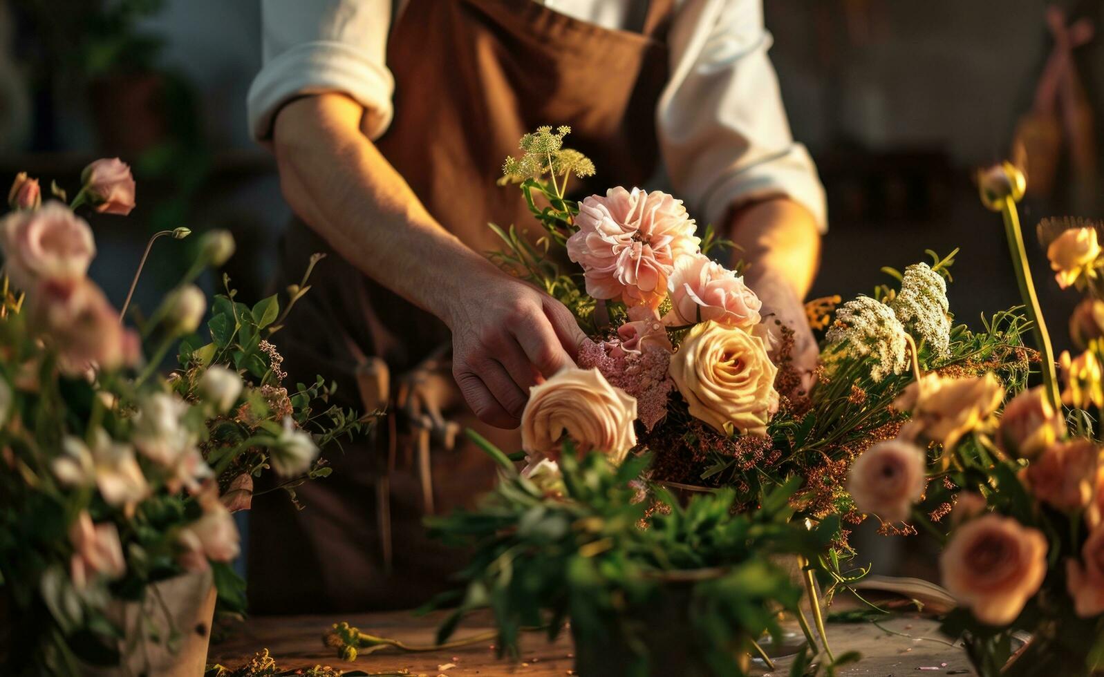 AI generated a man in an apron arranging flowers in containers photo