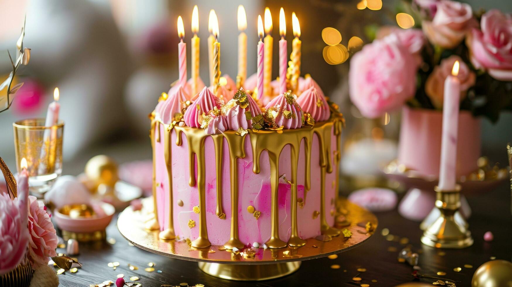 AI generated A Pink Birthday Cake Adorned with Gold Drip Icing photo