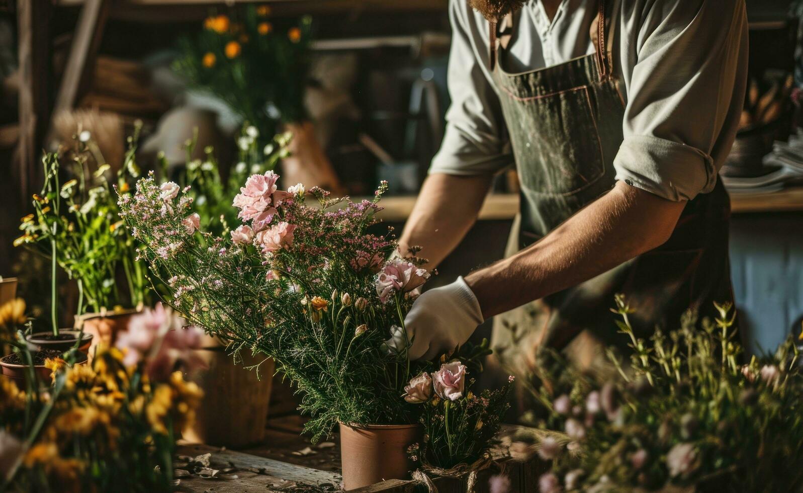 AI generated a man in an apron arranging flowers in containers photo
