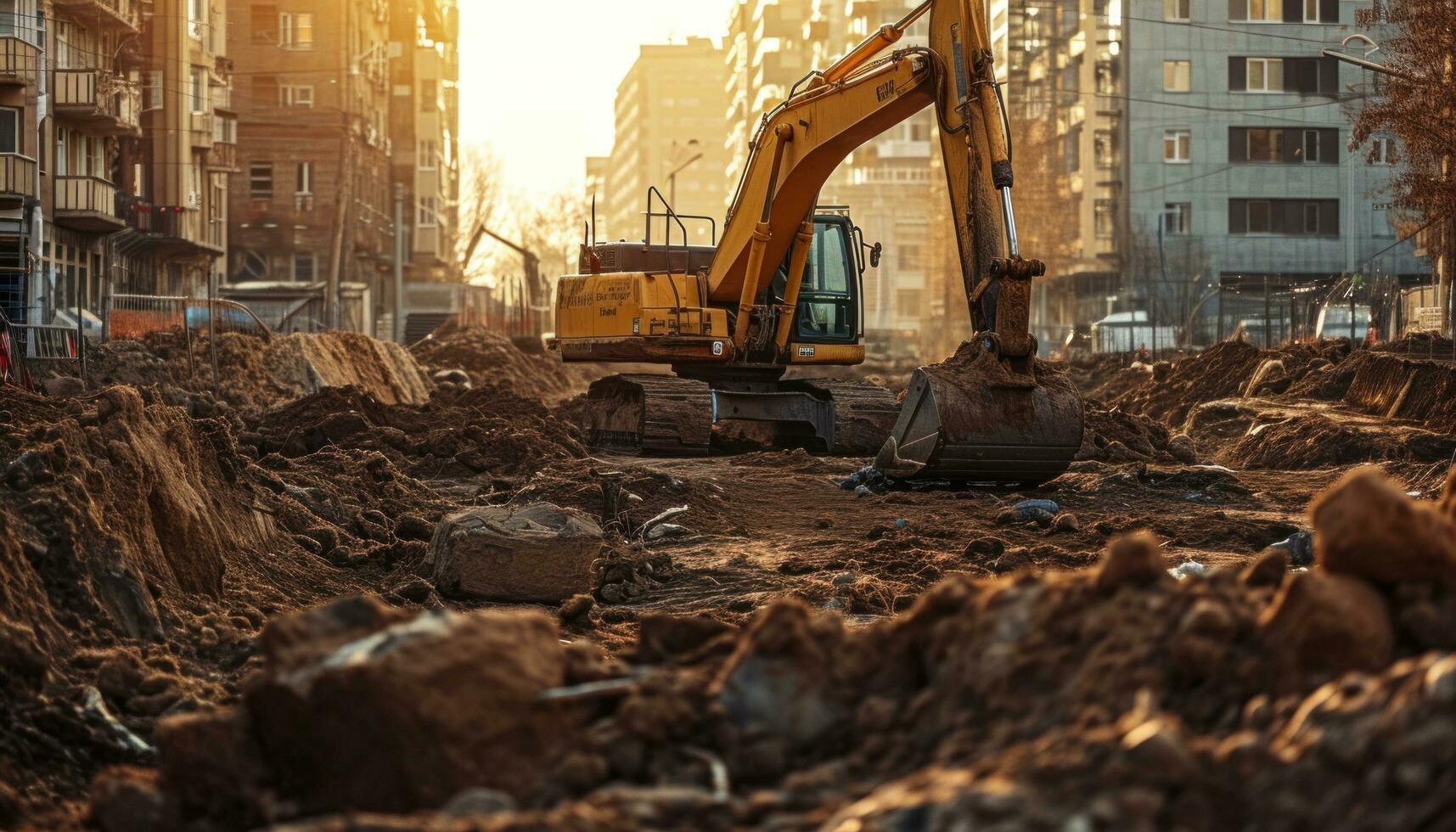 AI generated a city with a construction excavator at the front photo