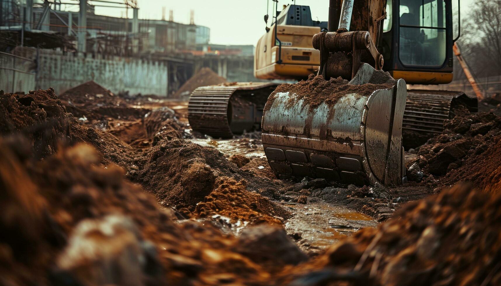 AI generated a city with a construction excavator at the front photo