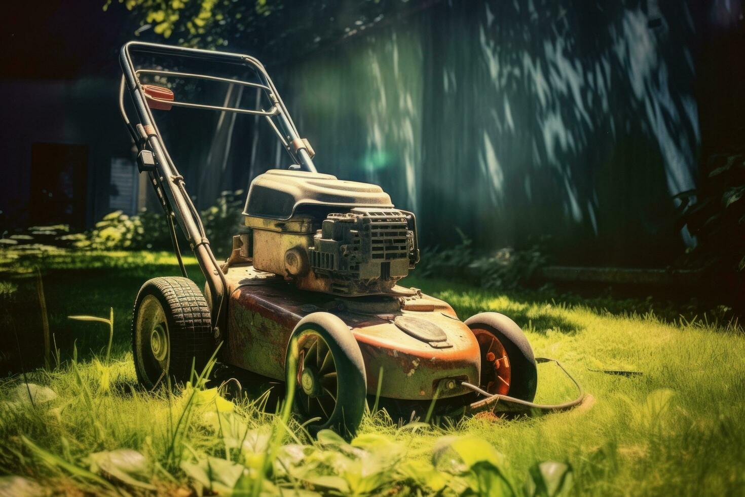 AI generated lawn mower on a green lawn with sunlight in the background photo