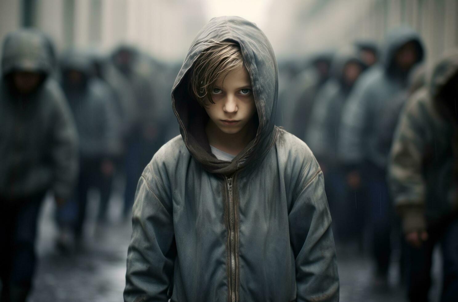 AI generated boy covering himself while others walk by photo