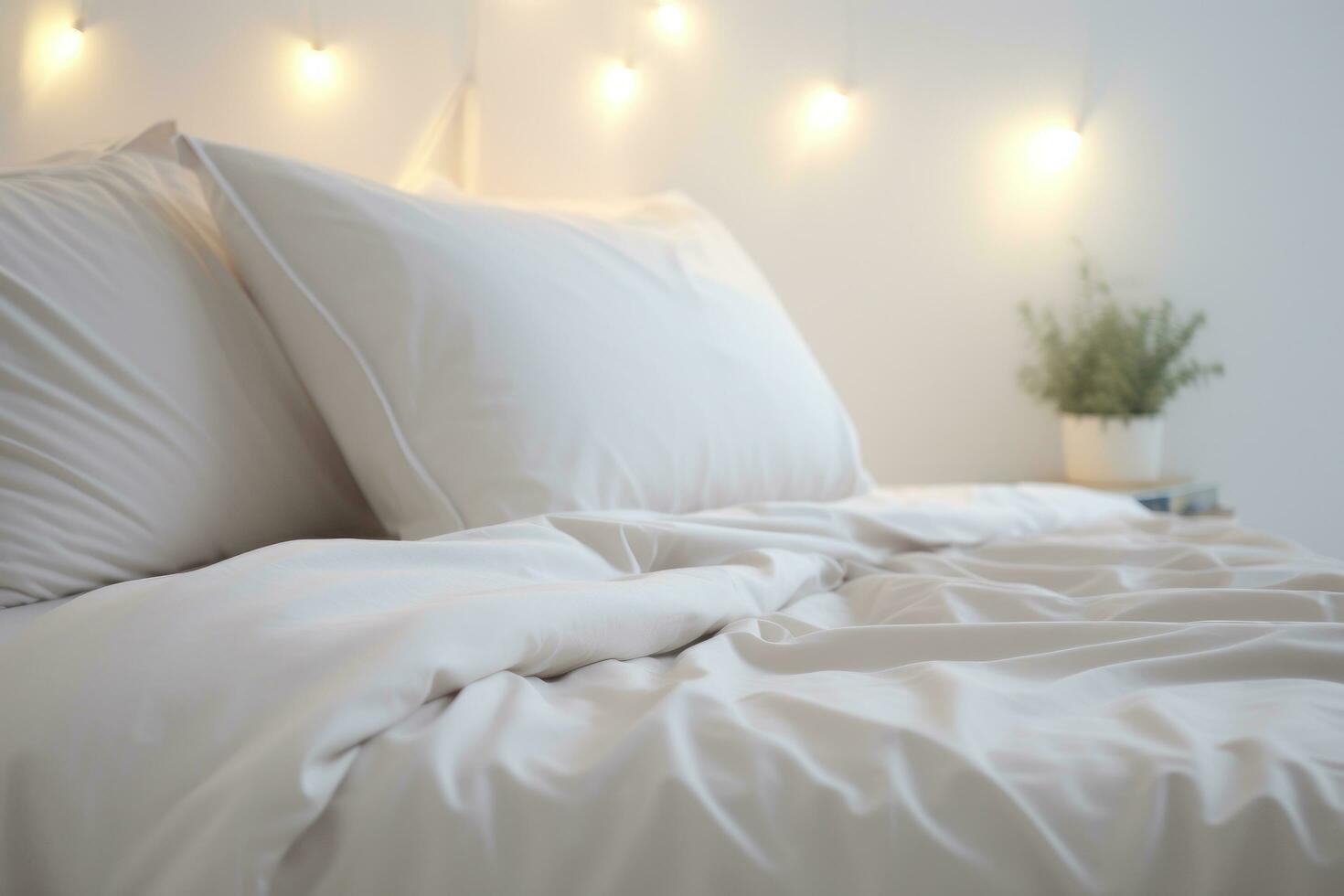 AI generated a white comforter on top of a bed set up with pillows photo