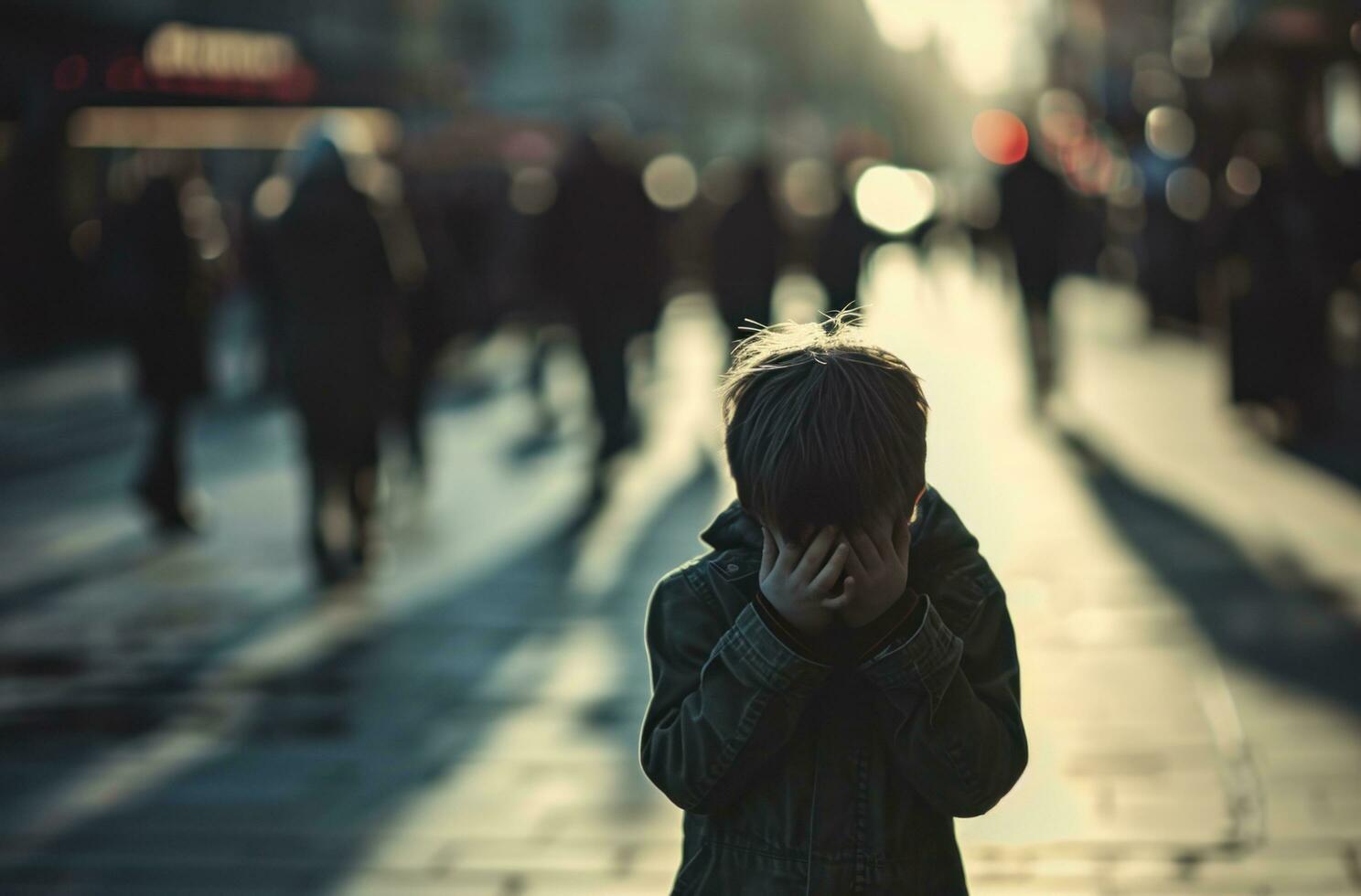 AI generated boy covering himself while others walk by photo