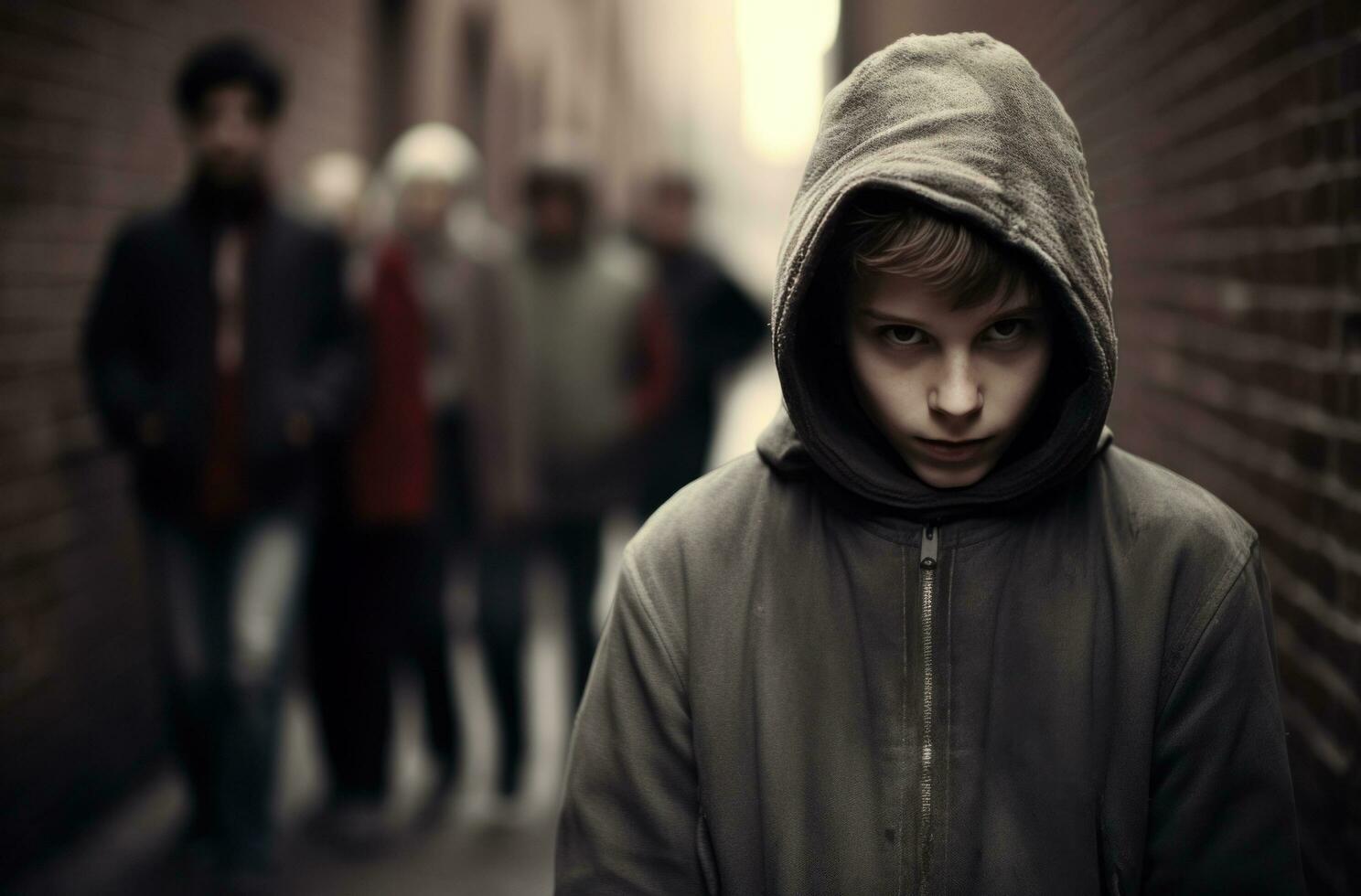 AI generated boy covering himself while others walk by photo