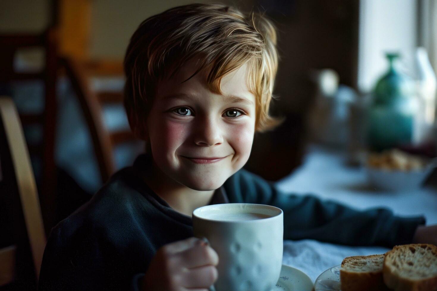 AI generated a young boy with a cup of milk and bread photo