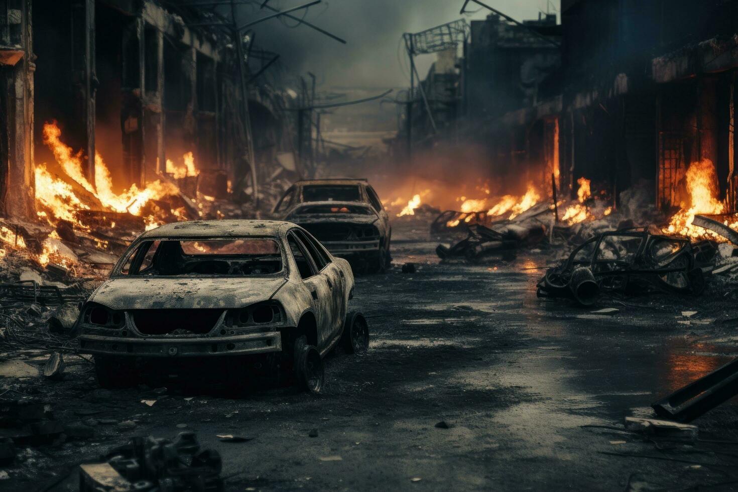 AI generated a lot of burned cars in the streets photo