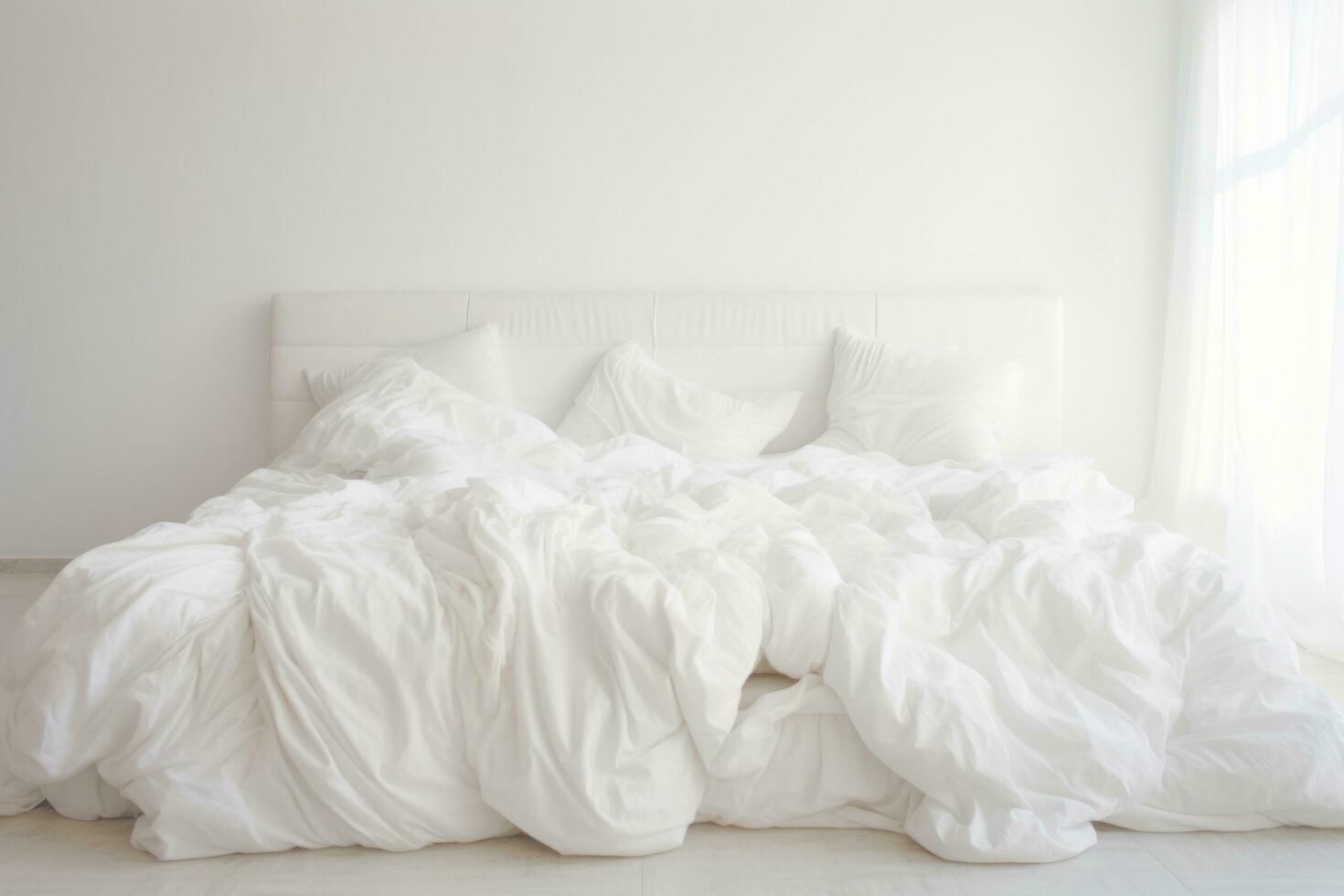 ai generado un blanco edredón en parte superior de un cama conjunto arriba con almohadas foto