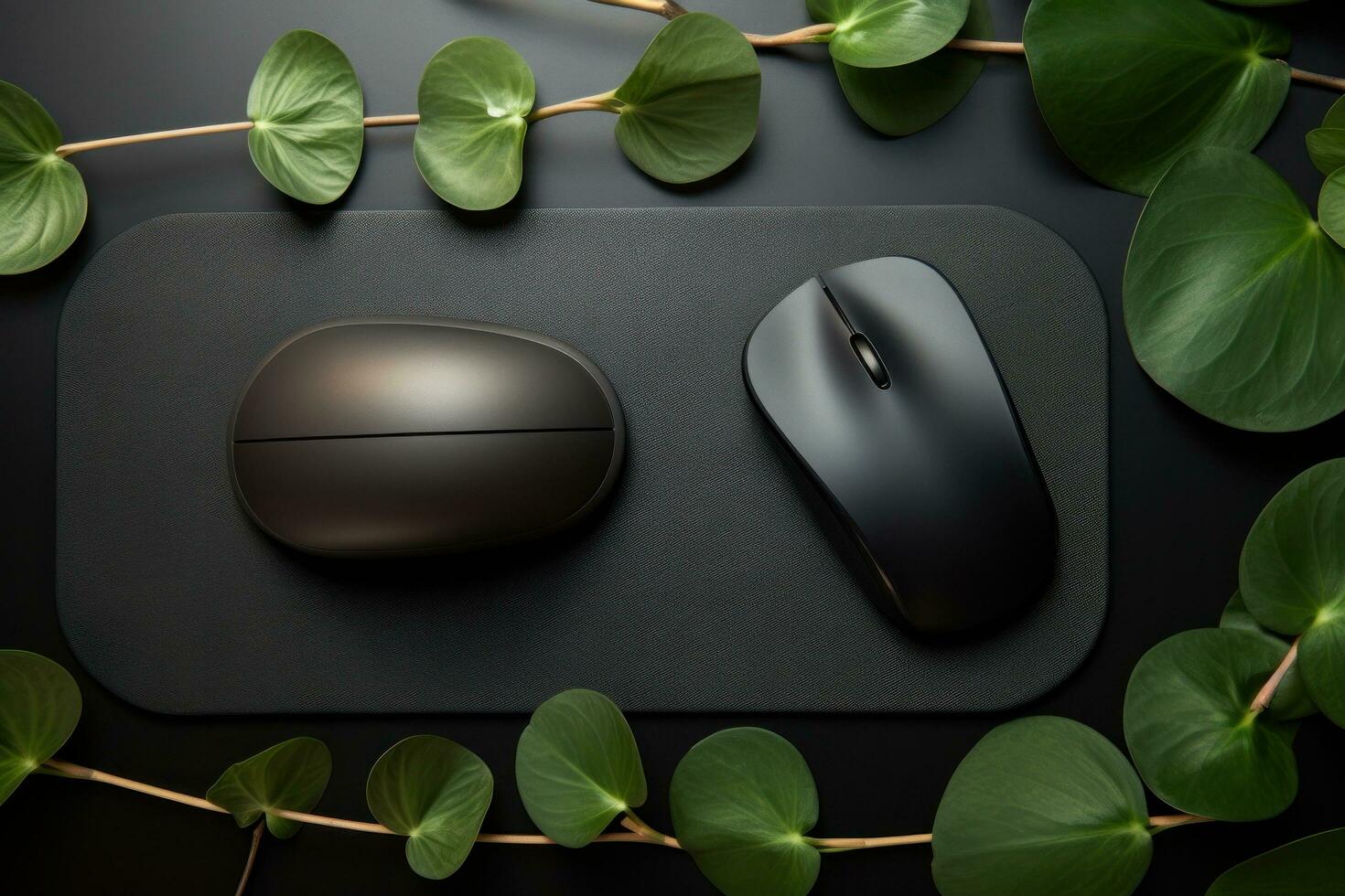 AI generated a desk with a black computer mouse and a plant or two photo