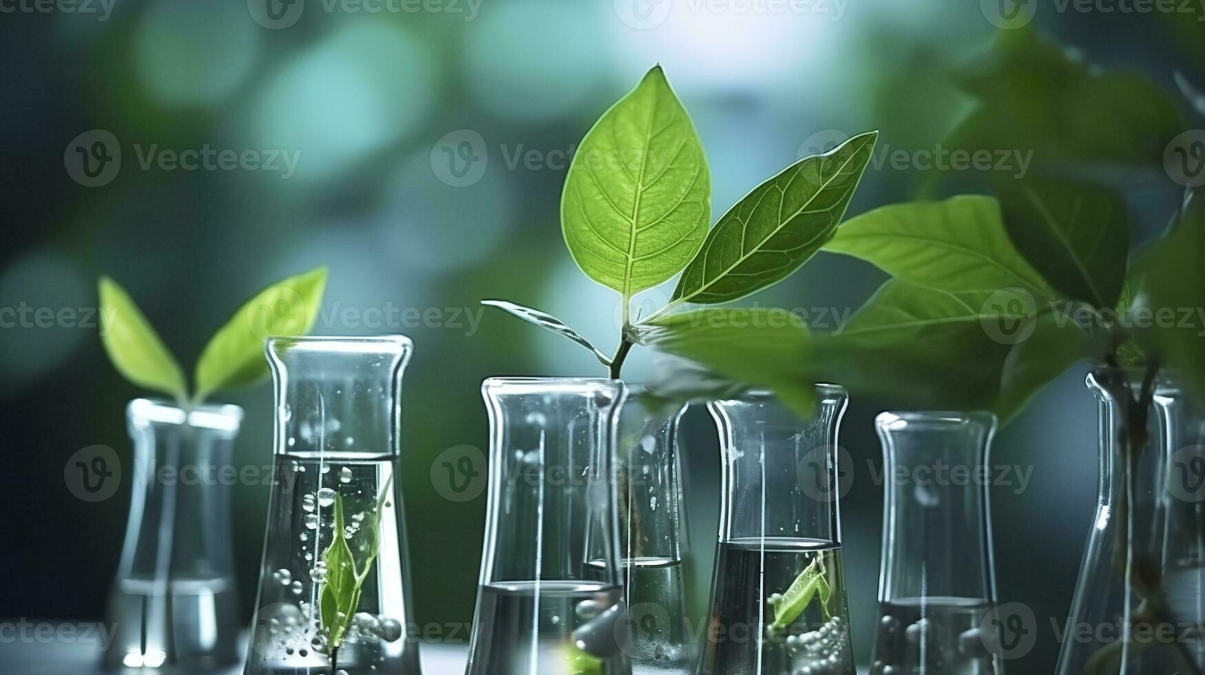 AI generated Biotechnology concept with green plant leaves, laboratory glassware, and conducting research, illustrating the powerful combination of nature and science in medical advancements. photo