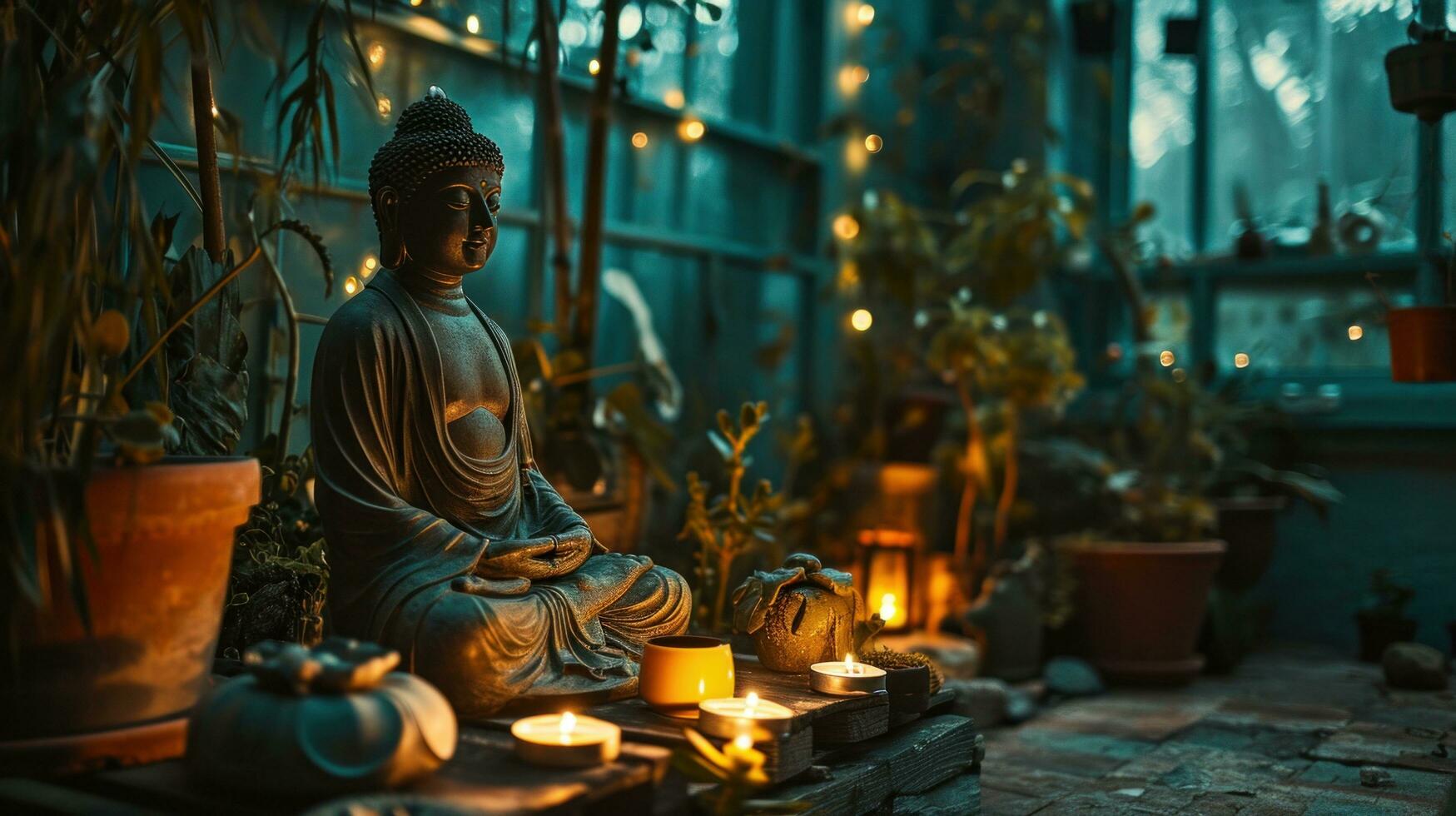 AI generated buddha statue is sitting in a place with many plants and candlelight photo