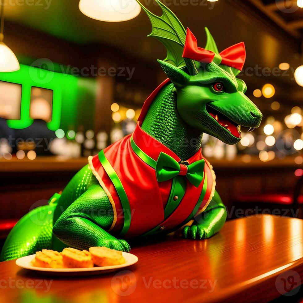 AI generated Green dragon dressed in a festive holiday suit sitting at a table in a bar. Anthropomorphic animals. Generative AI. photo