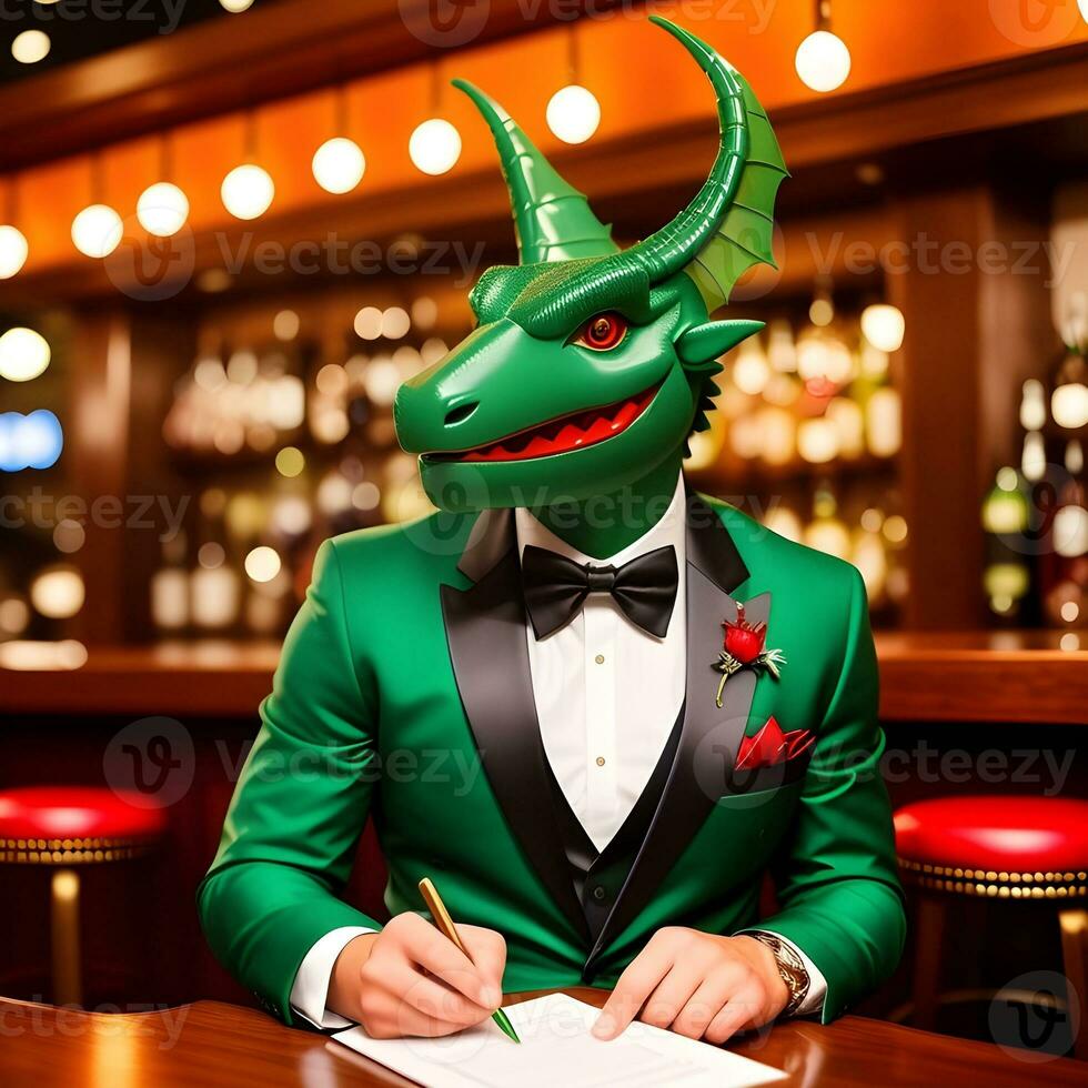 AI generated Green dragon dressed in a festive holiday suit sitting at a table in a bar. Anthropomorphic animals. Generative AI. photo