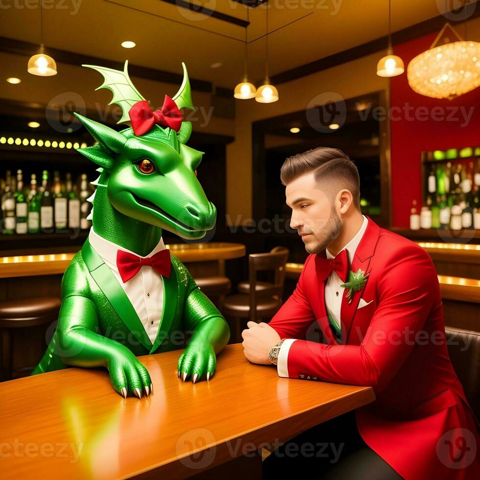 AI generated Green dragon dressed in a festive holiday suit sitting at a table in a bar. Anthropomorphic animals. Generative AI. photo