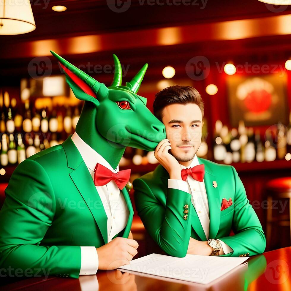 AI generated Green dragon dressed in a festive holiday suit sitting at a table in a bar. Anthropomorphic animals. Generative AI. photo