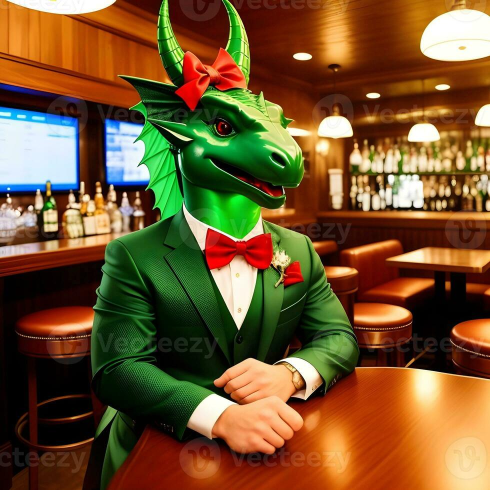 AI generated Green dragon dressed in a festive holiday suit sitting at a table in a bar. Anthropomorphic animals. Generative AI. photo