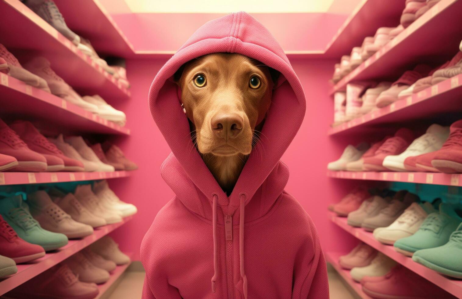 AI generated dog with a pink hooded jumper in a shop photo