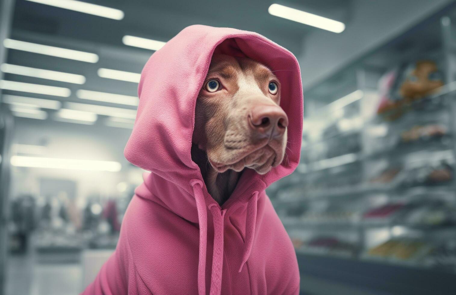 AI generated dog with a pink hooded jumper in a shop photo