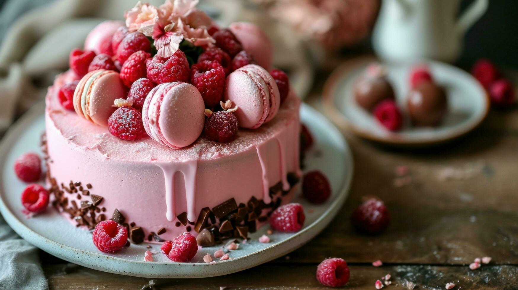 AI generated Description of a Pink Cake with Macaroons, Raspberries photo