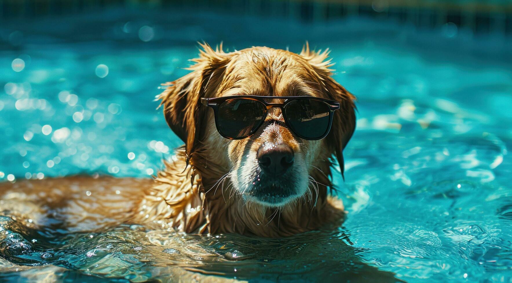 AI generated cool dog in pool with sunglasses photo