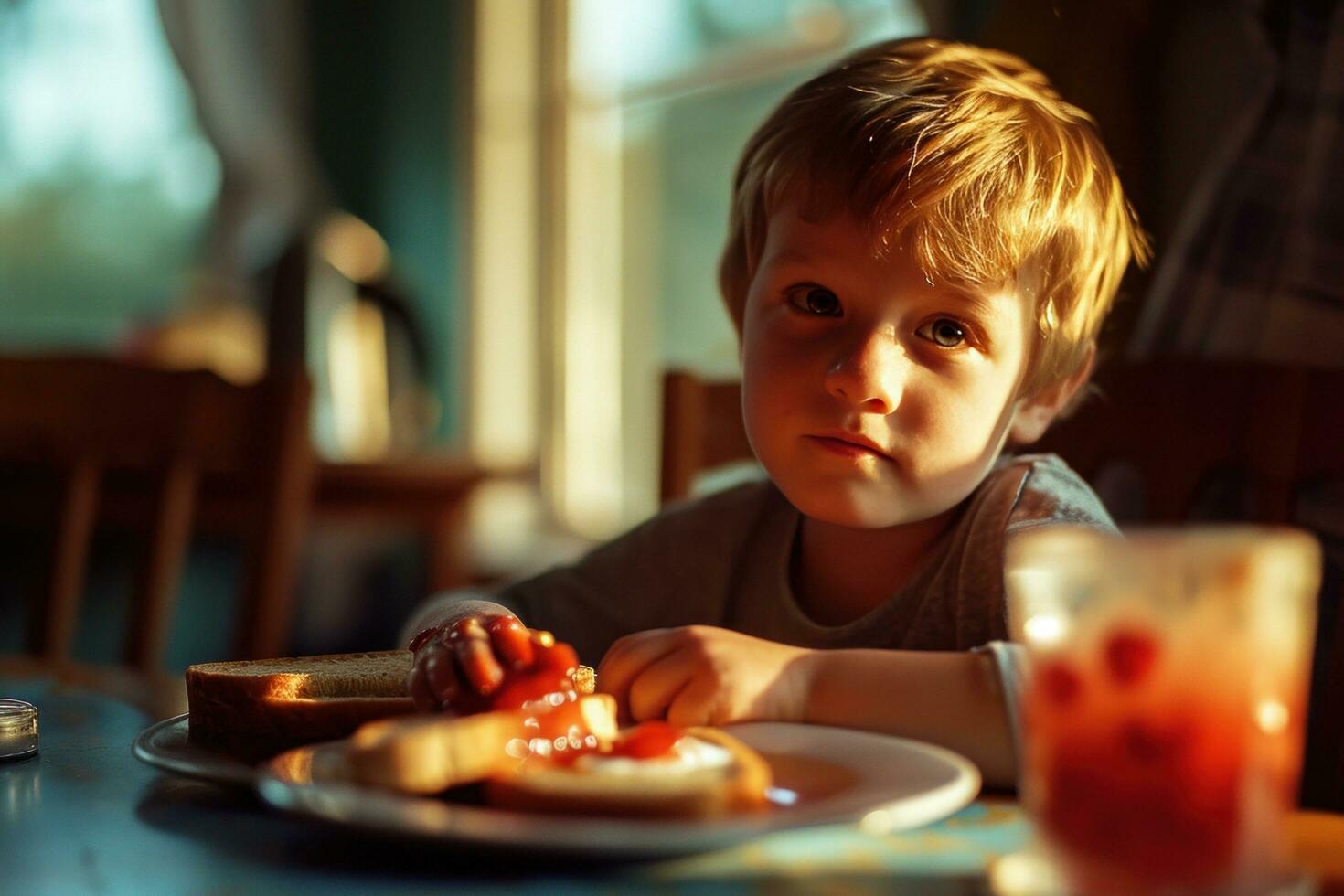 AI generated boy has cereal containing berry jam on toast photo