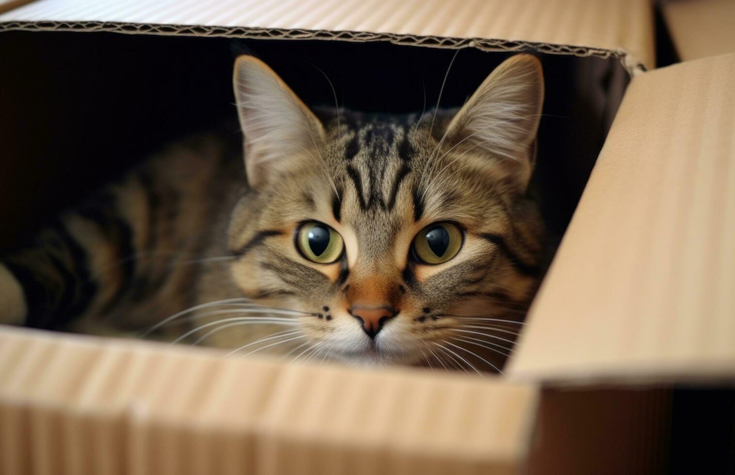 AI generated a cat sitting in a cardboard box looking out of it photo