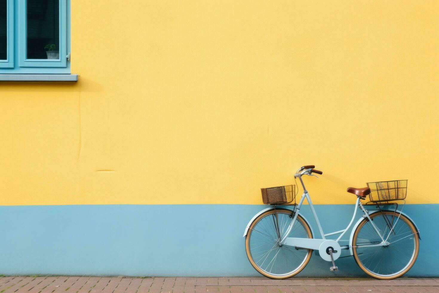 ai generado bicicleta estacionado siguiente a un amarillo pared foto