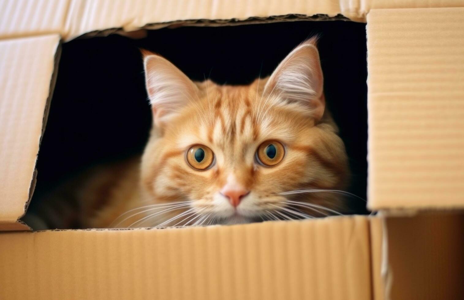 ai generado un gato sentado en un cartulina caja mirando fuera de eso foto