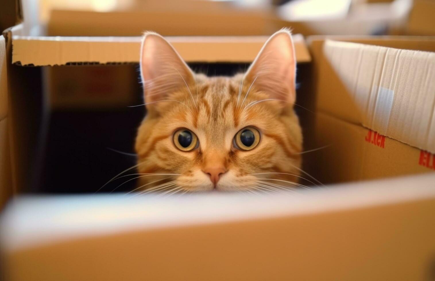 ai generado un gato sentado en un cartulina caja mirando fuera de eso foto