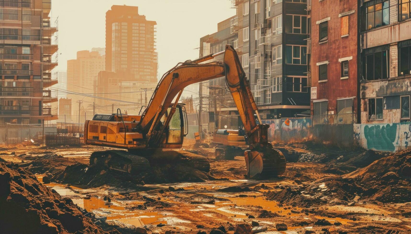 ai generado un ciudad con un construcción excavador a el frente foto