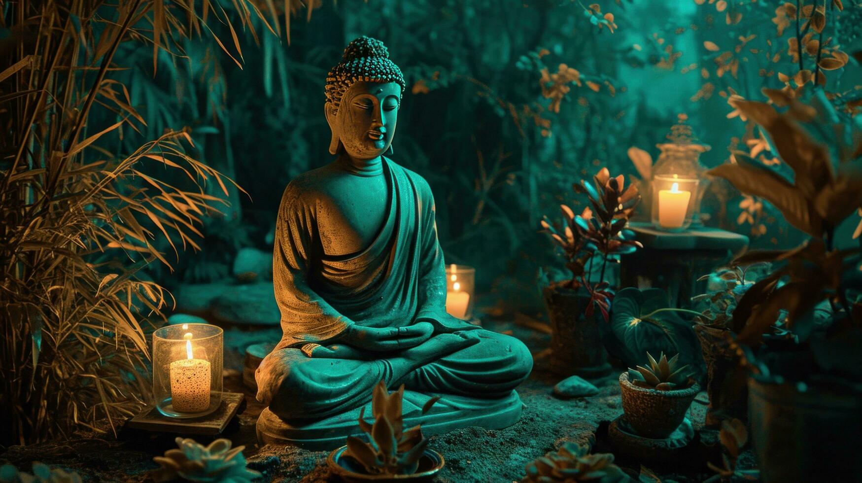 AI generated buddha statue is sitting in a place with many plants and candlelight photo