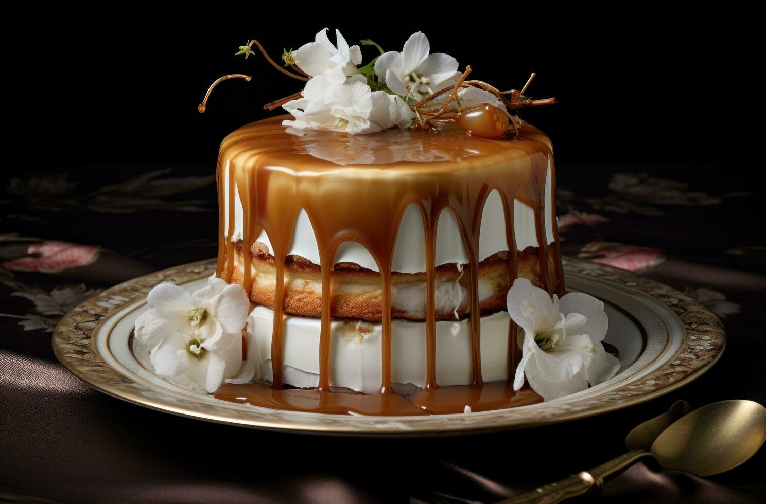 AI generated caramel, caramel vanilla a recipe for a cake photo