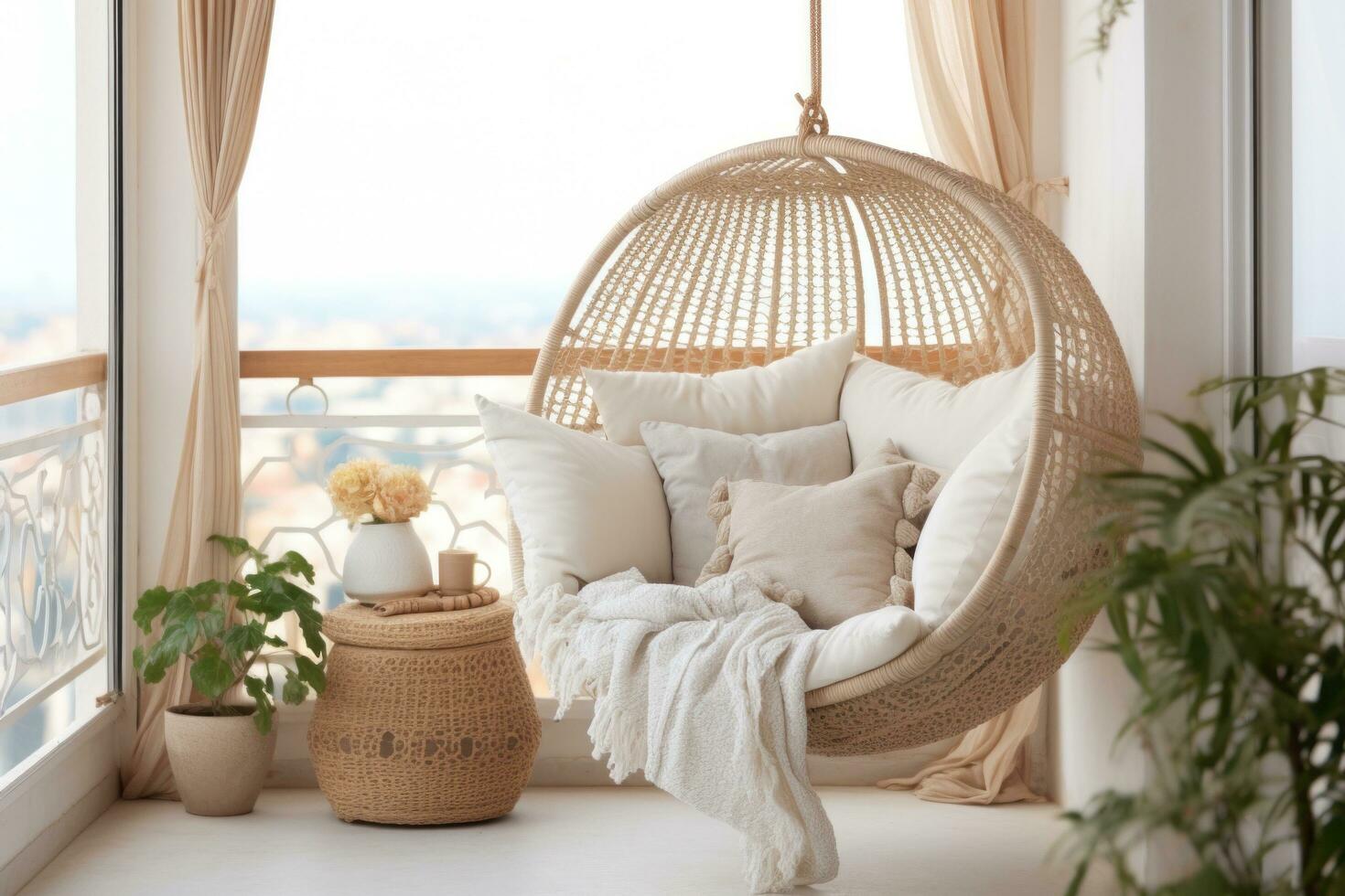 AI generated indoor rustic and rustic apartment decor on balcony in white frame photo