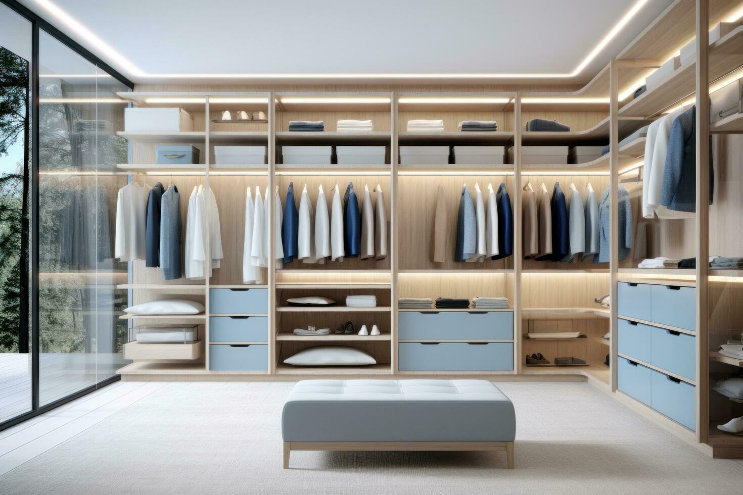 AI generated open closet with blue and white drawers photo