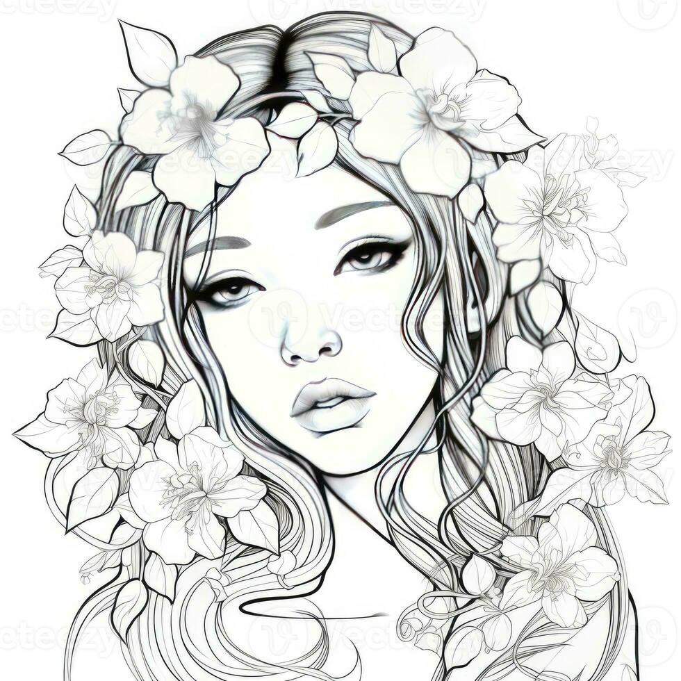 AI generated A girl on a coloring book page with Jasmine flowers. AI Generated photo