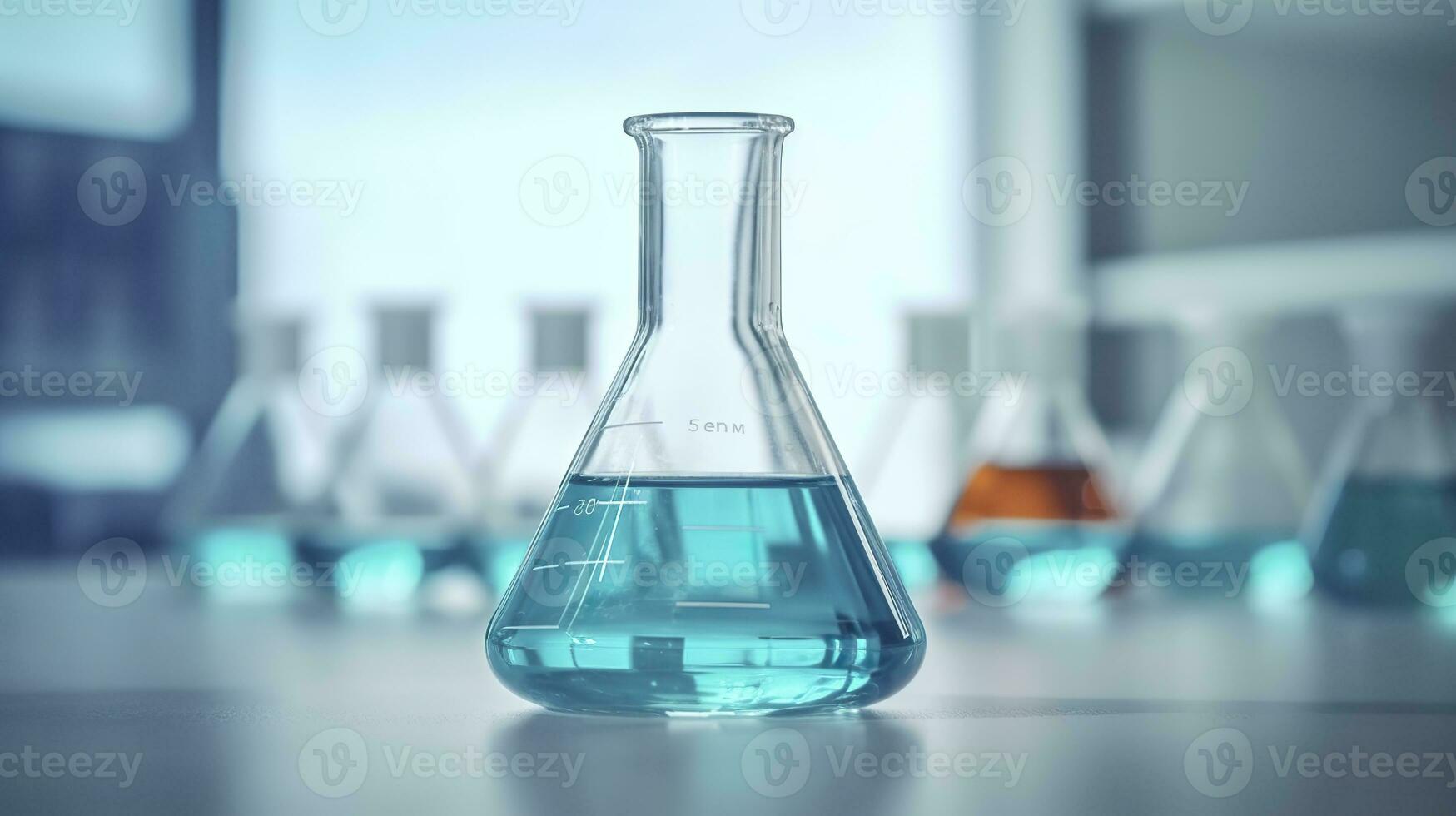 ai generado un Ciencias cubilete en el laboratorio en un mesa blanco y ligero azul fondo.. laboratorio equipo fuera de enfocar. ai generativo foto