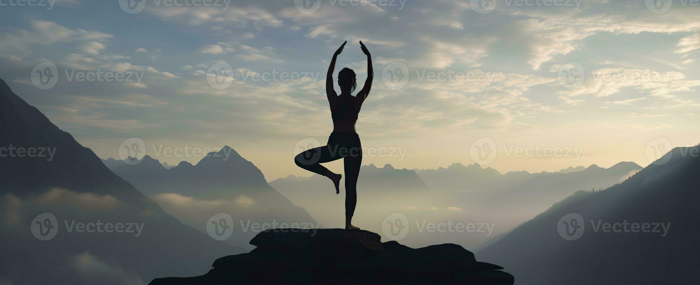 AI generated silhouette of a woman practicing yoga in the summit with mountain Background. AI Generated photo