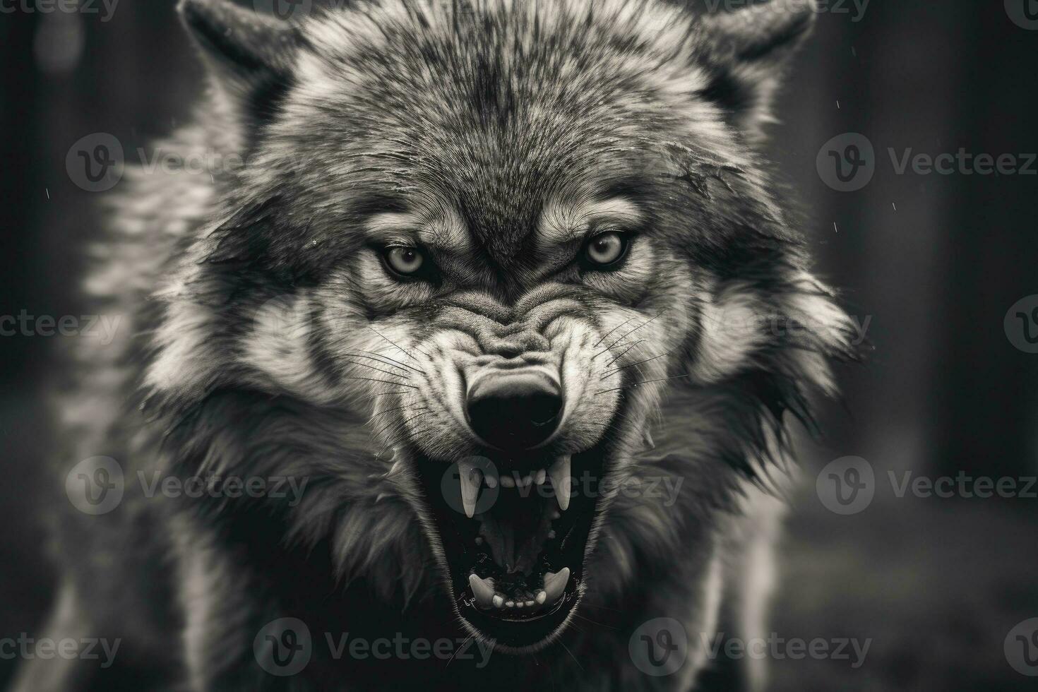 AI generated Greyscale closeup shot of an angry wolf with a blurred background. AI Generated photo