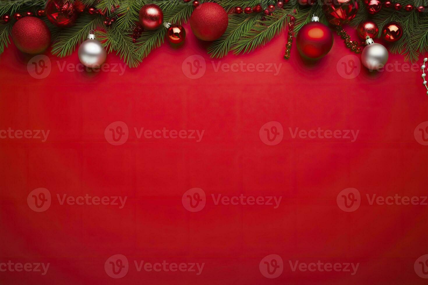 AI generated Christmas or New Year red background with fir decor. AI Generated photo