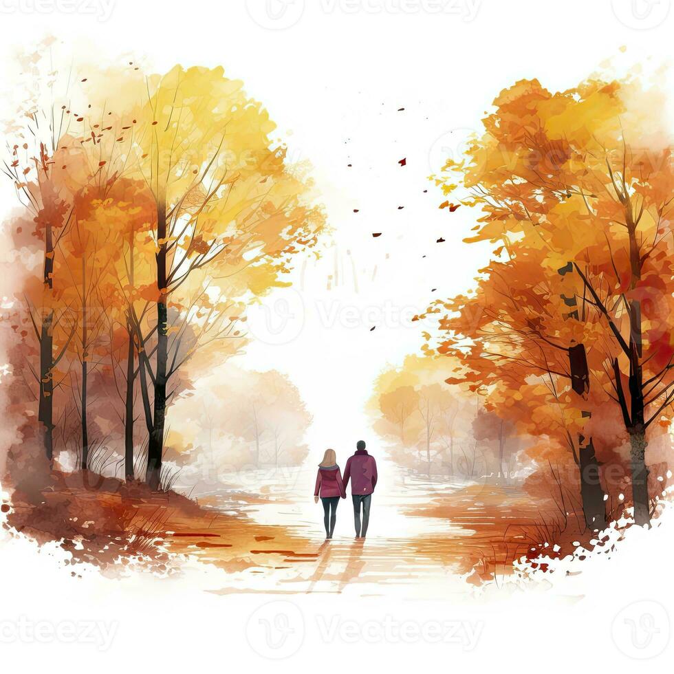 AI generated Watercolor autumn landscape with a couple walking. AI Generated photo