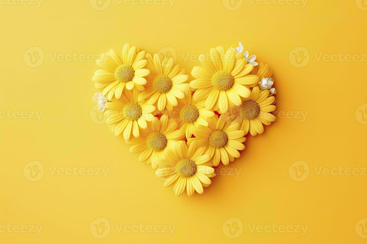 AI generated Yellow Heart Shaped By Yellow Daisies Over Yellow Background. AI Generated photo