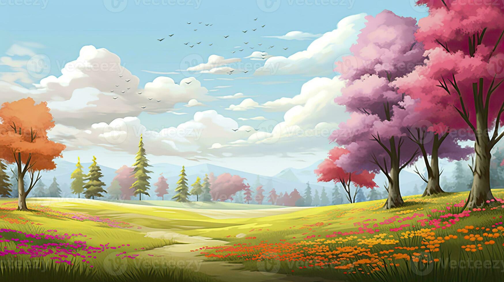 AI generated Spring season with colorful flowers and trees in a pretty meadow or field. AI Generated. photo