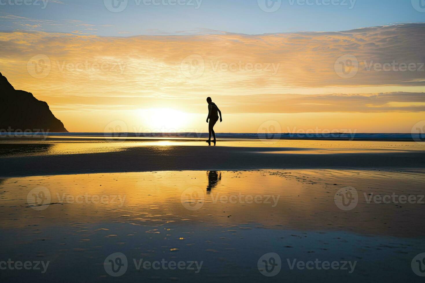 AI generated A person walking on the beach at sunset. AI Generated. photo